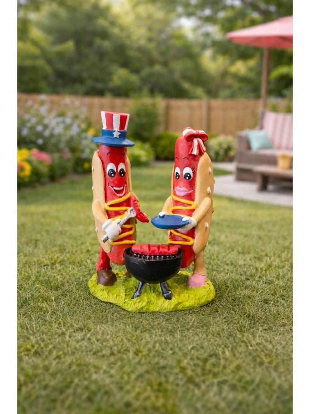 New Red Blue 4th of July Memorial Day Patriotic Hot Dog Couple Grilling Figurine